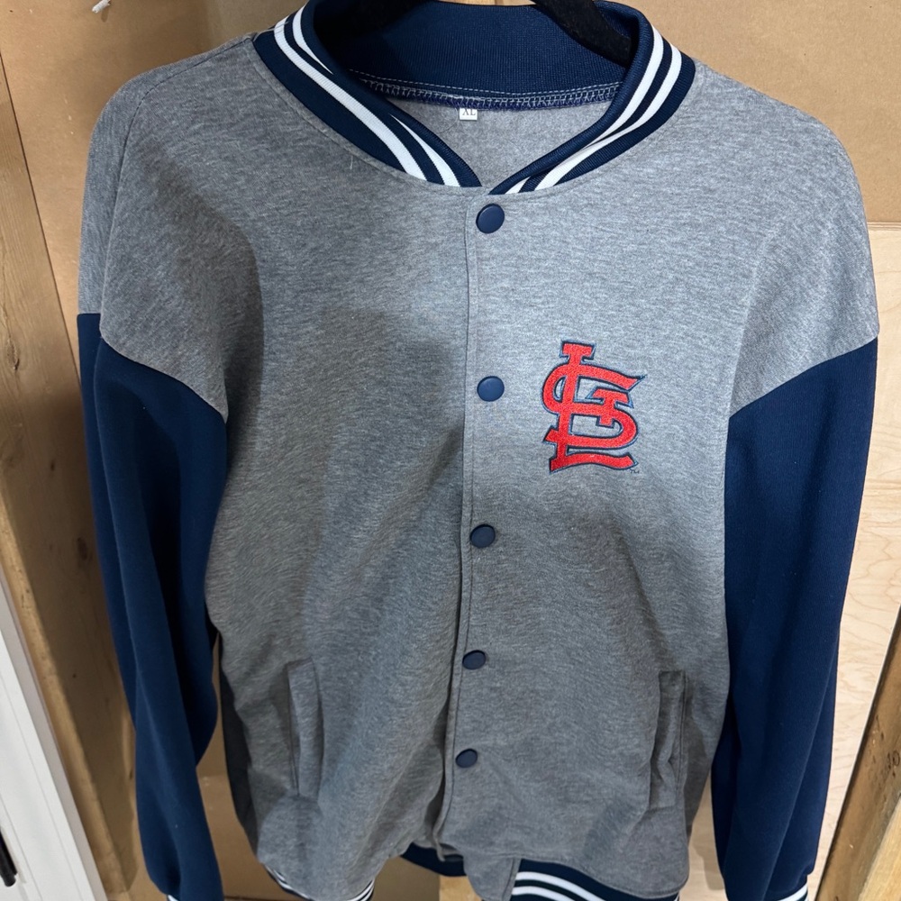 STL CARDINALS SGA FLEECE JACKET XL. Gray and Blue Varsity Jacket